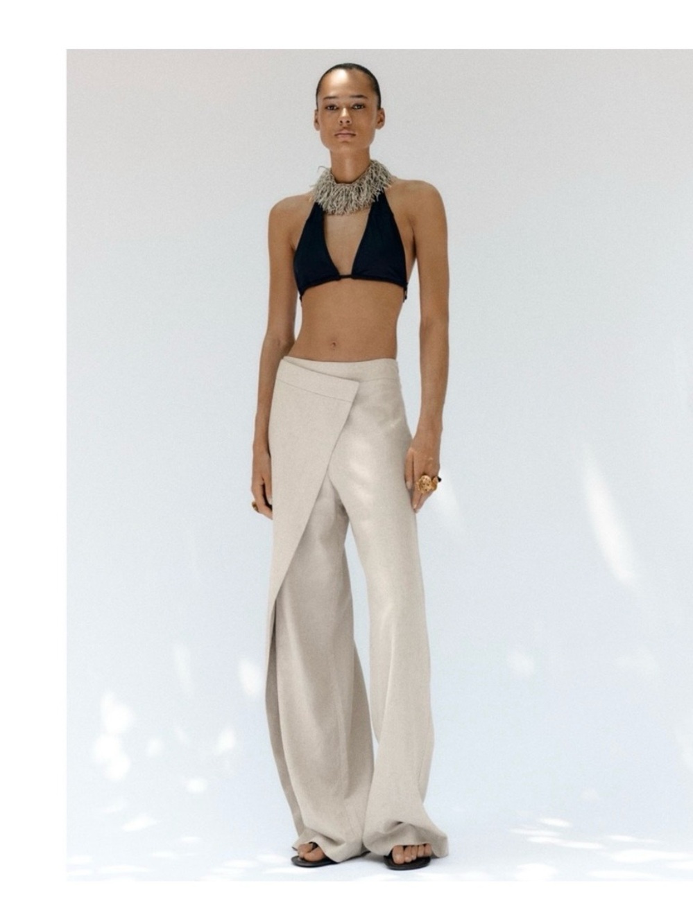 Zara Pareo Wrap-Front Wide Leg Linen Pants in Light Beige
